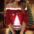thumbnail image 1 of Puntoco Camiseta con estampado navideño de hombros descubiertos y estilo casual para mujer, 1 of 5