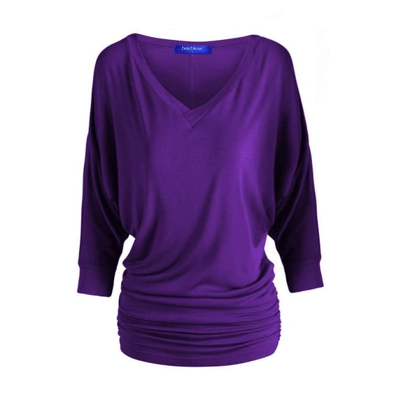Women's Luxe Rayon V Neck Dolman 3/4 Sleeve With Side Ruched Top Lightweight fabric with Great Stretch DKPurple 2X