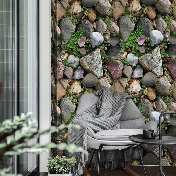 1 Roll Self-Adhesive 3D Green Plant & Stone Pattern Wallpaper - Waterproof Removable Peel and Stick Living Room Kitchen Bedroom Dormitory Furniture Refurbishment Aesthetic Wallpaper