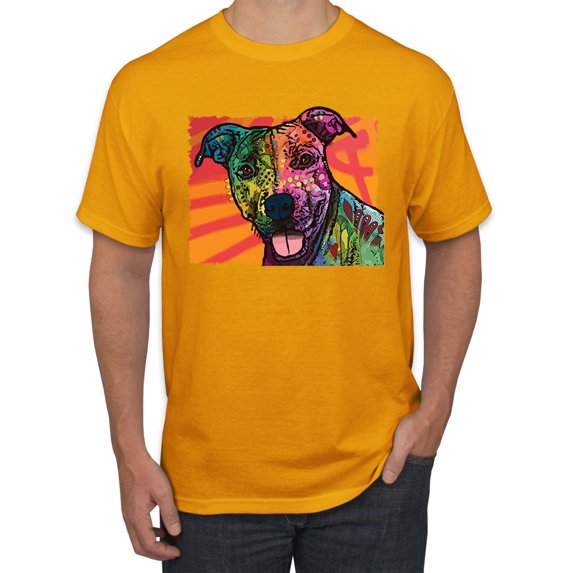 Cute Smiling Neon Dean Russo Pitbull Dog Breed | Mens Dog Lover Graphic T-Shirt, Gold, X-Large