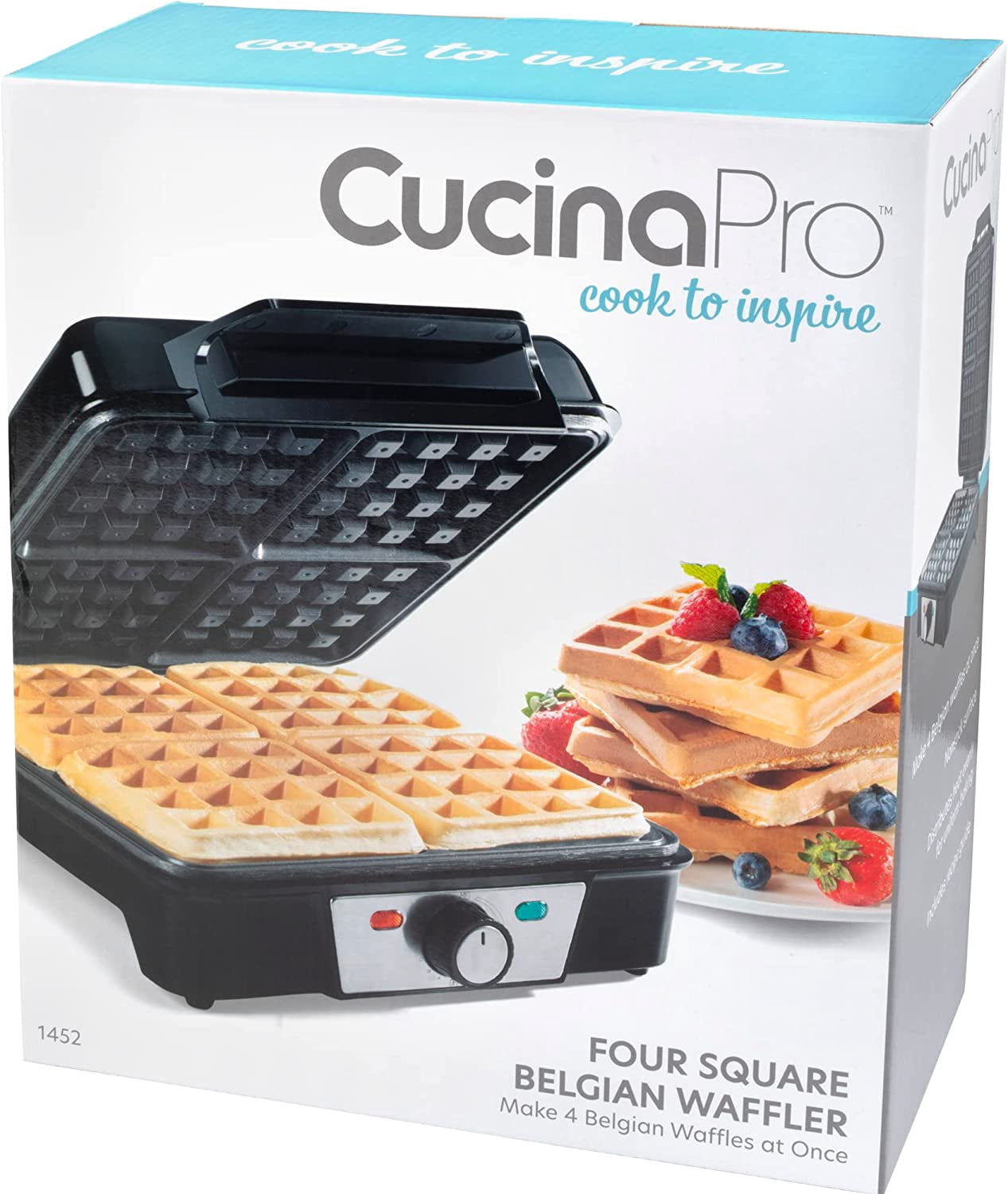 CucinaPro Four Square Belgian Waffle Maker, Extra Large Stainless Steel Kitchen Appliance w Nonstick Waffler Iron Plates Makes 4 Fluffy Waffles, Great Griddle for Holiday Breakfast