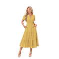 thumbnail image 1 of Vestido de Larga con Cuello en V, Plisado y Mangas Abullonadas, Amarillo M, 1 of 4