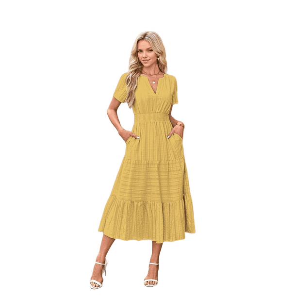 Vestido de Larga con Cuello en V, Plisado y Mangas Abullonadas, Amarillo L