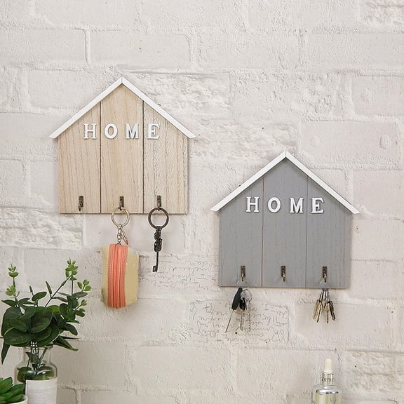 Wall Mounted Key Hook Rack Organizer | Decorative House Shaped Wood Storage for Entryway or Front Door, 3 Metal Hooks, Light Wood or Gray, 8.5"x8.8", Modern Rustic Accent