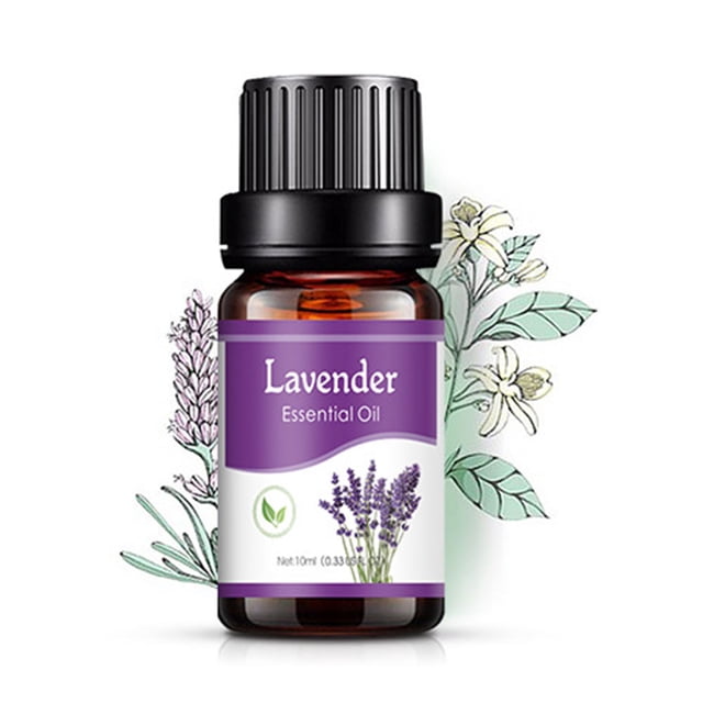 aceites esenciales de aceite soluble en agua de 10 ml para difusor de humidificador lavanda ndcxsfigh libre de bpa botella de 10 ml con etiqueta morada 'Lavender', tapa negra estriada, vista frontal centrada en fondo blanco y ramo de lavanda ilustrado; tamaño aprox. 63x22 mm; para difusores de humidificador y aromaterapia doméstica, también usada en bolsitas aromáticas.