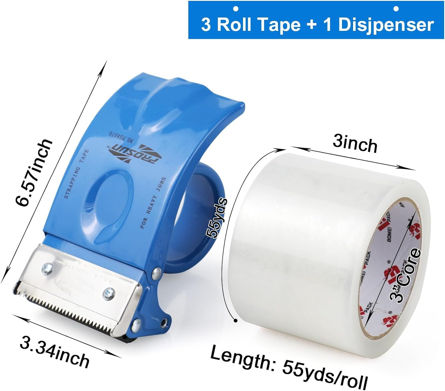 3 Inch Wide Packing Tape with Dispenser,2.4 Mil x 55 Yards Heavy Duty Packaging Tape Refill for Shipping,Industrial Grade,Urtal Strong Boxing Tape for Moving,Mailing and Storages (Clear)