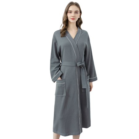 

Womens Lightweight Robes Long Sleeves Turkish Waffle Plaid Kimono Spa Bathrobe Knee Length With Pockets Soft Knit Shower Bathrobe Sleepwear V-Neck Couples Loungewear S-L Gray