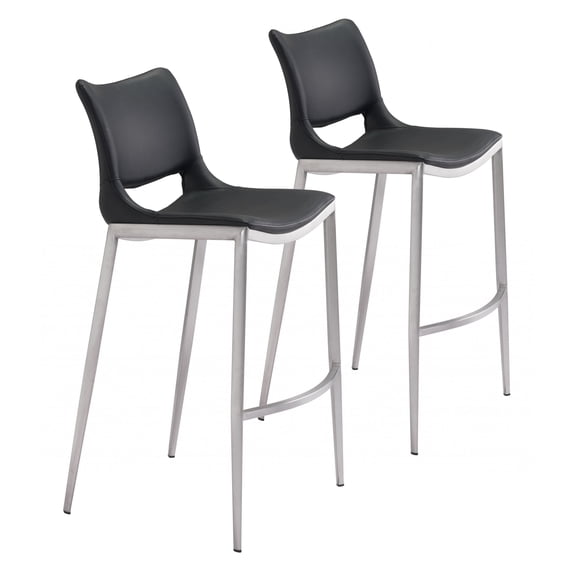 Set of Two Black Faux Leather and Silver Mod Ergo Bar Chairs