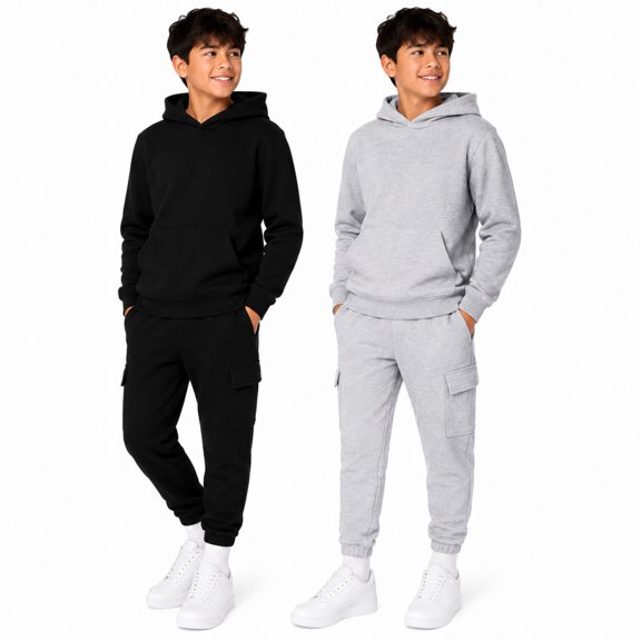 Quad Seven Boys' Fleece Jogger Set - 4 Piece Solid Pullover Hoodie and Cargo Sweatpants (Size: 8-18)