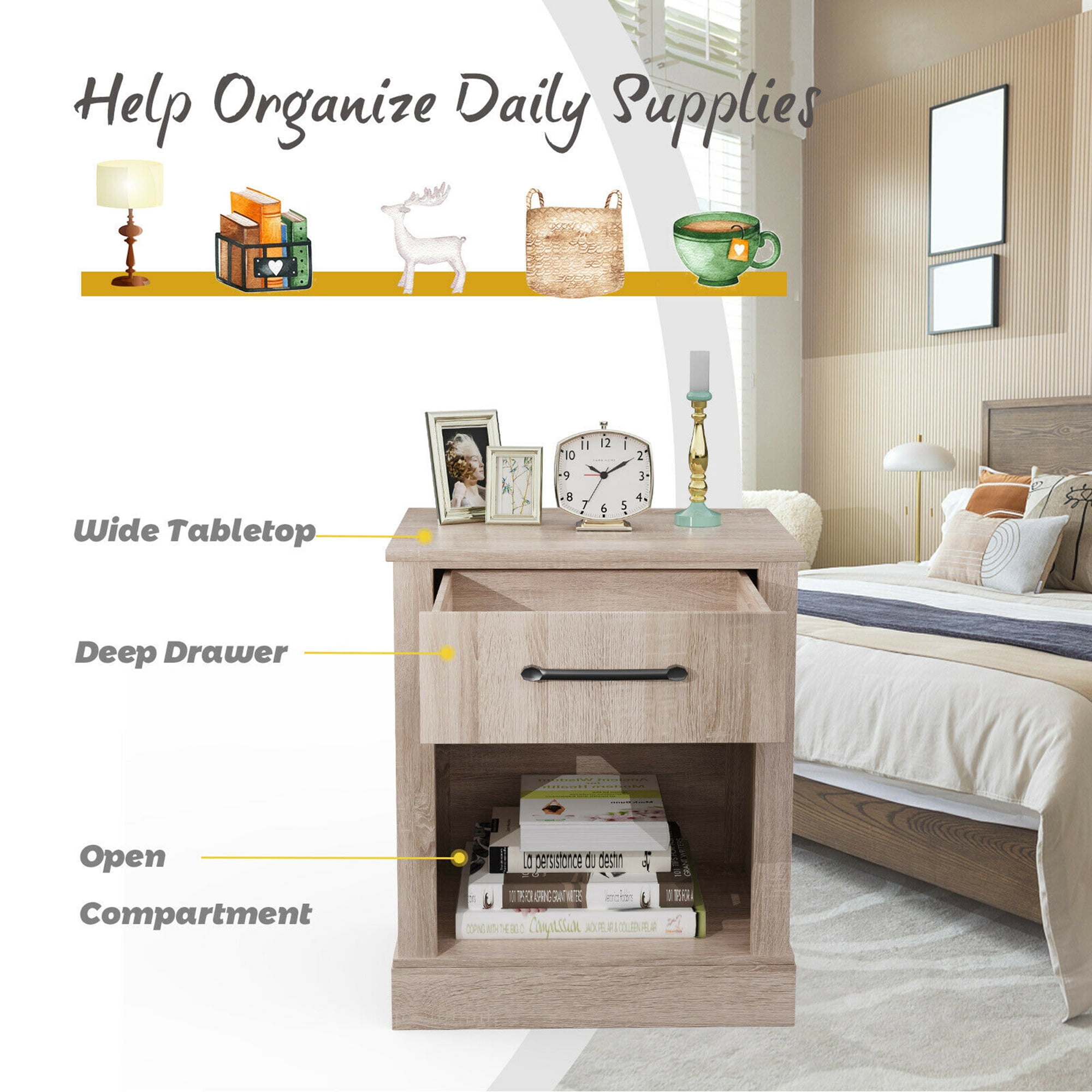 Gymax Nightstand with Drawer and Shelf Rustic Wooden Bedside Table Bedroom Natural