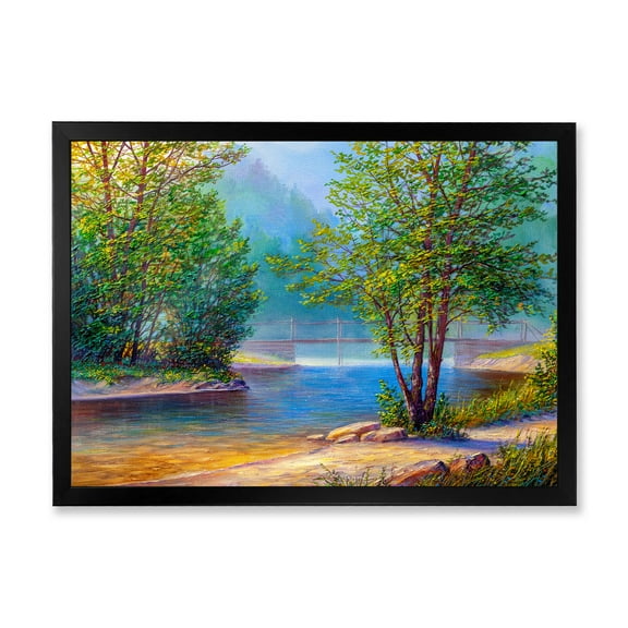 Designart 'Green Trees By The Bridge Over River' Traditional Framed Art Print