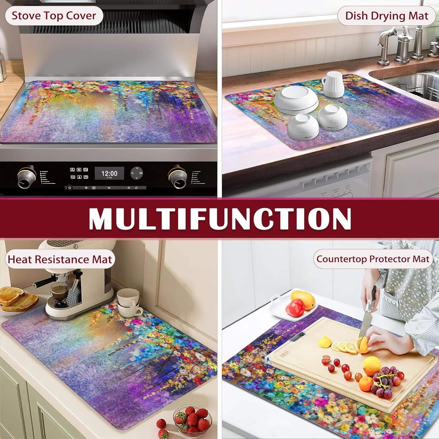 Stove Top Cover for Electric, Colorful Flowers Watercolor Plants Glass Ceramic Stove Cover,Heat Resistant Flat Stovetop Protector, Dish Drying Mats for Kitchen