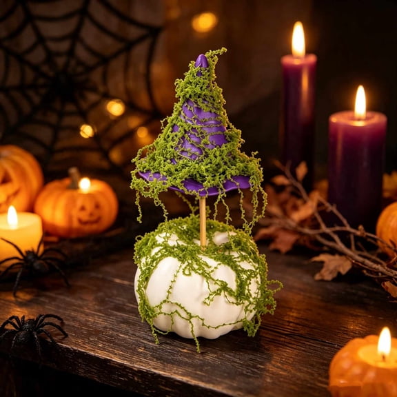 Mini Halloween Witch Hat Pumpkin Ornament Realistic Grinning Fake Foam Pumpkin Decor for Dining Table Fireplace Mantel Shelf Cabinet Holiday Fall Party Centerpiece, Halloween, Green, Style A