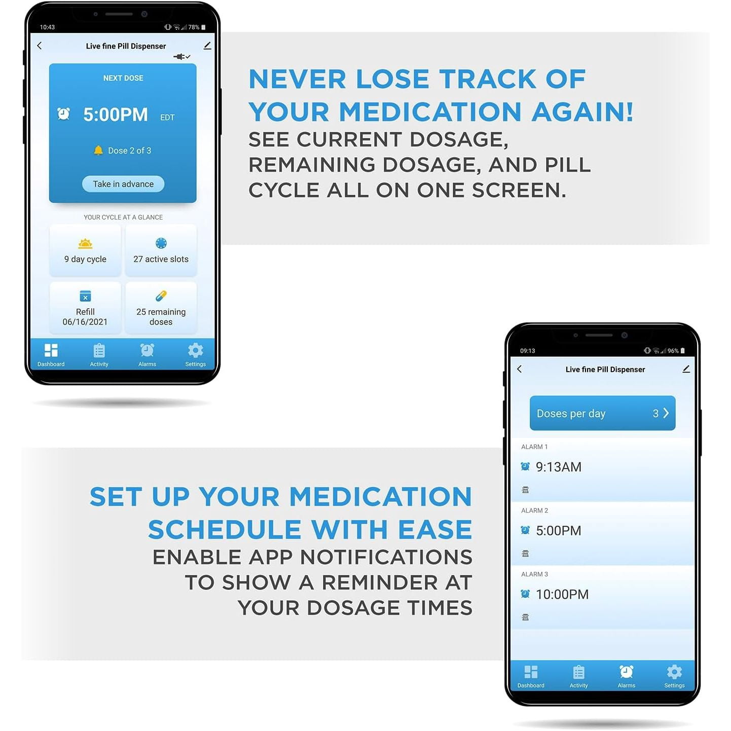 LiveFine Smart WiFi Automatic Pill Dispenser 28-Day Organizer 9 Doses Daily Lock Key Alarms