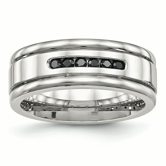 Stainless Steel Polished Grooved Black CZ Ring