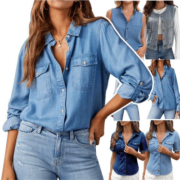 Xdegoge Denim Shirts Women Oversized Button Down Long Sleeve Blouse Collared Casual Jean Shirts with Pockets Trendy Loose Fit Tops Dressy Casual Work Blouses Streetwear Going Out Tops Fashion