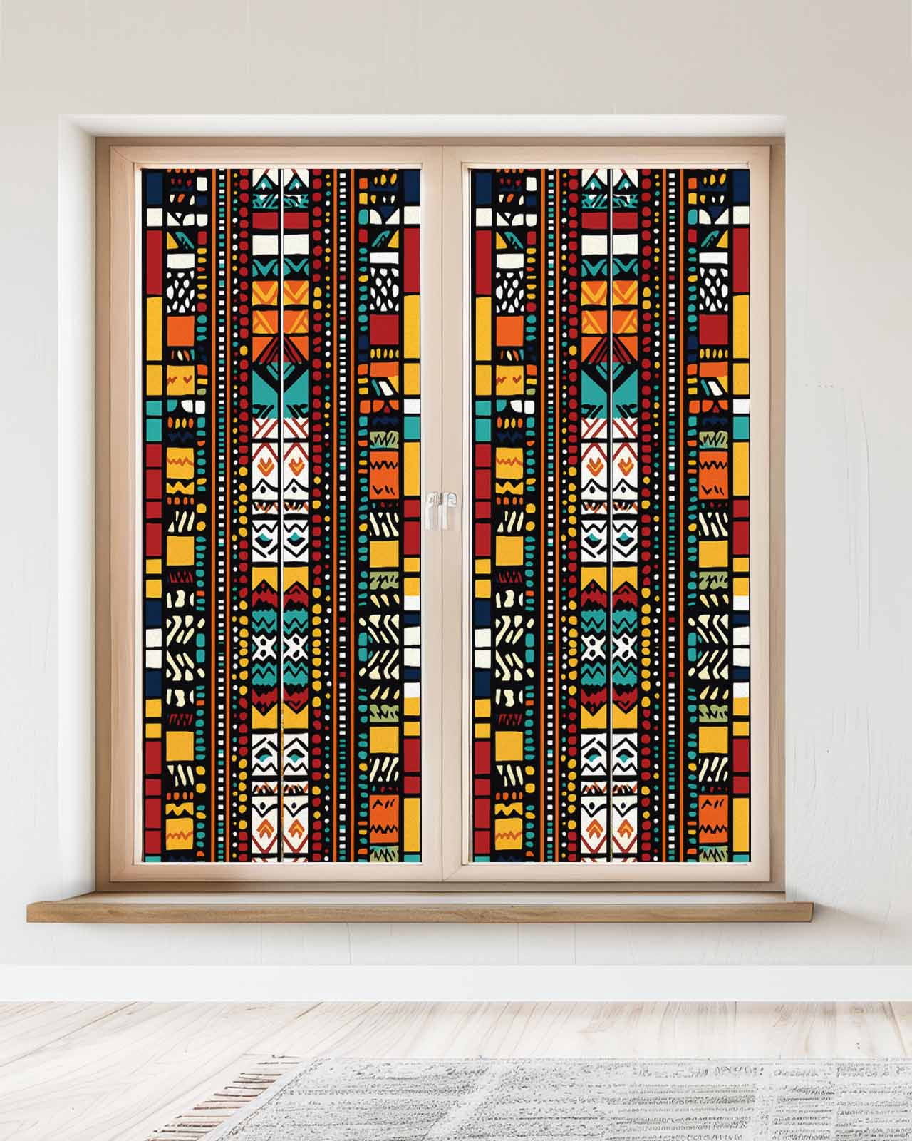 Window Privacy Film Colorful Boho Stained Glass Window Film Decorative Sun Block Window Cover Farmhouse Abstract Geometric Ethnic Art Window Clings Static Adhesive Sticker for Bathroom 23.6"x59"