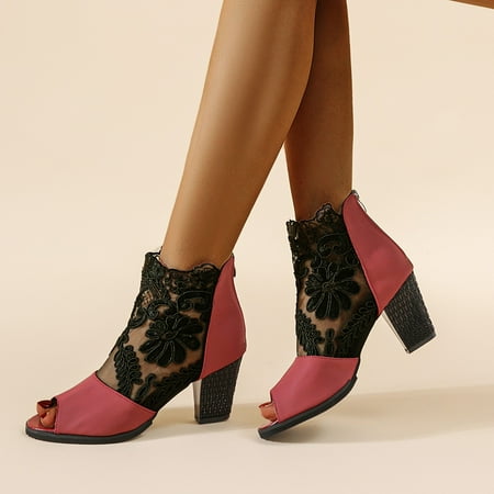 

Lace Embroidery Contrast Mesh Vamp Open Toe Sandal Boots Zipper Back Chunky High Heels Gorgeous &