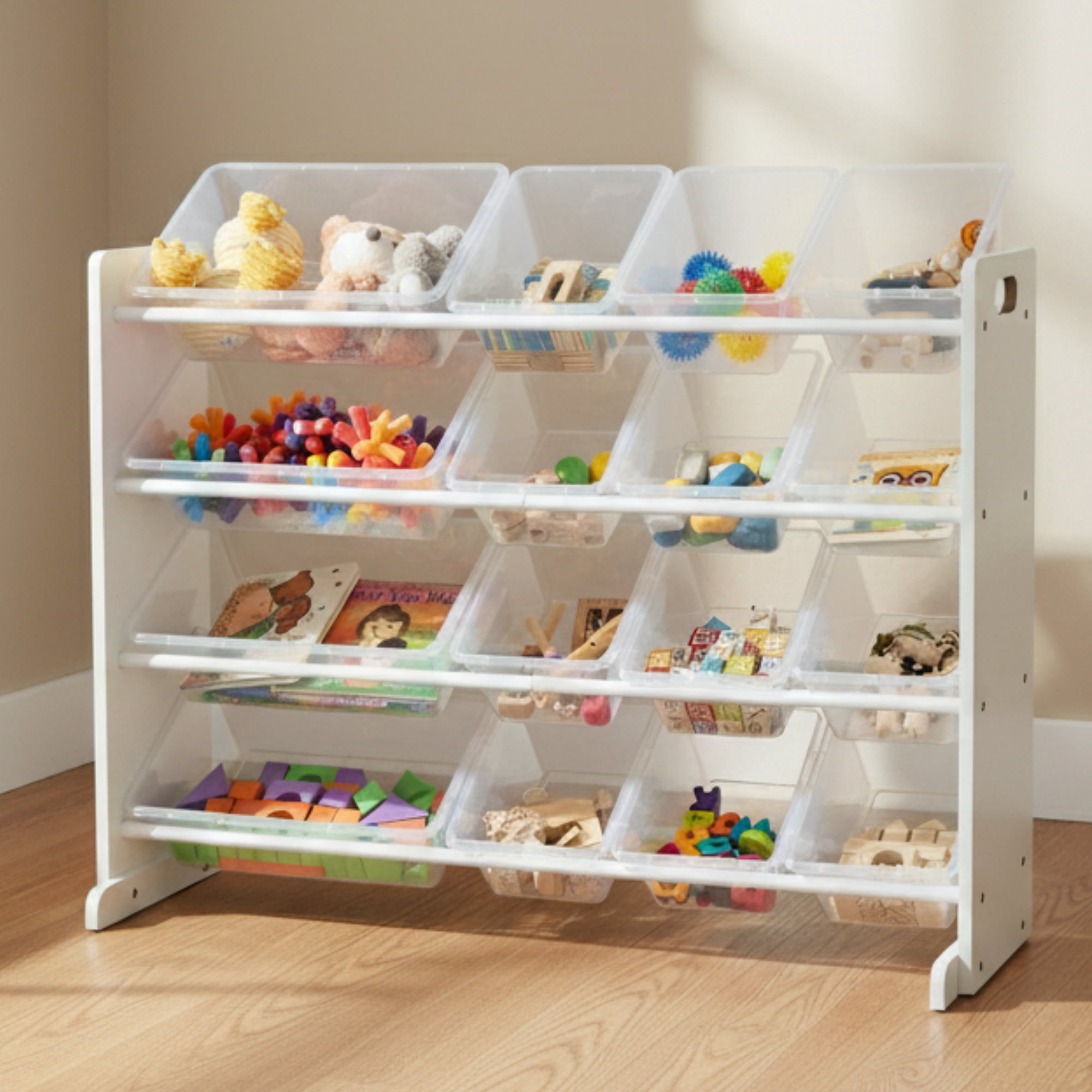 Humble Crew Kids Supersized Toy Storage Organizer with 16 Plastic Storage Bins, Transparent White