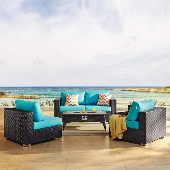 Modway Convene 5 Piece Set Outdoor Patio with Fire Pit in Espresso Turquoise