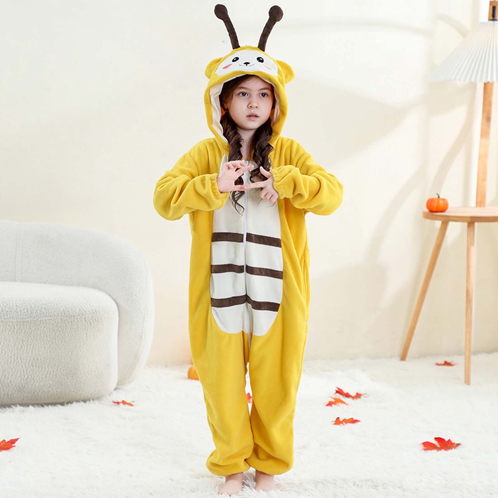 Hrsba Long Sleeved Warm Comfortable Thick Kids Onesie Pajamas Kids Jumpsuit Fleece Hooded Crawling Clothes Romper 3-12 Years Unisex Sleepwear Loungewear Air Conditioner Pajamas