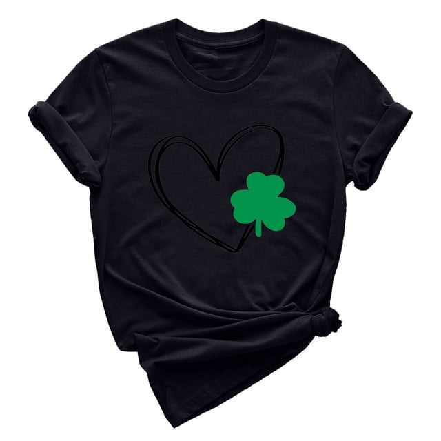 Pxiakgy Vente de Liquidation! T-Shirt Femme Col Rond Jour de la Saint-Patrick Trèfle Irlandais Chanceux T-Shirt Graphique Jour de la Saint-Patrick Manches Courtes Col Rond T-Shirt Noir P