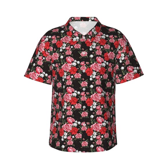 Logiee Rose Flowers Print Mens Hawaiian Shirts,Loose-Fit Short Sleeve Button Down Tropical Aloha Beach Shirt,Summer Vacation Wedding Tops,Small
