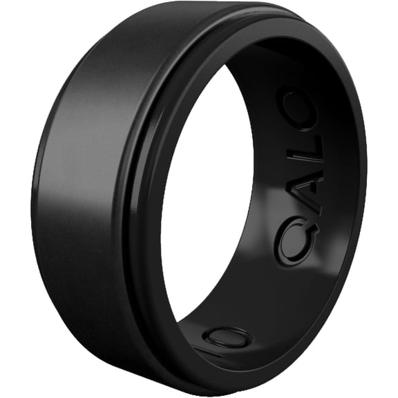 QALO Men's Black Metallic Step Edge Polished Silicone Ring – Durable Wedding Bands with Flexible Comfortable Fit – Skin-Friendly and Lightweight Design – Size 12
