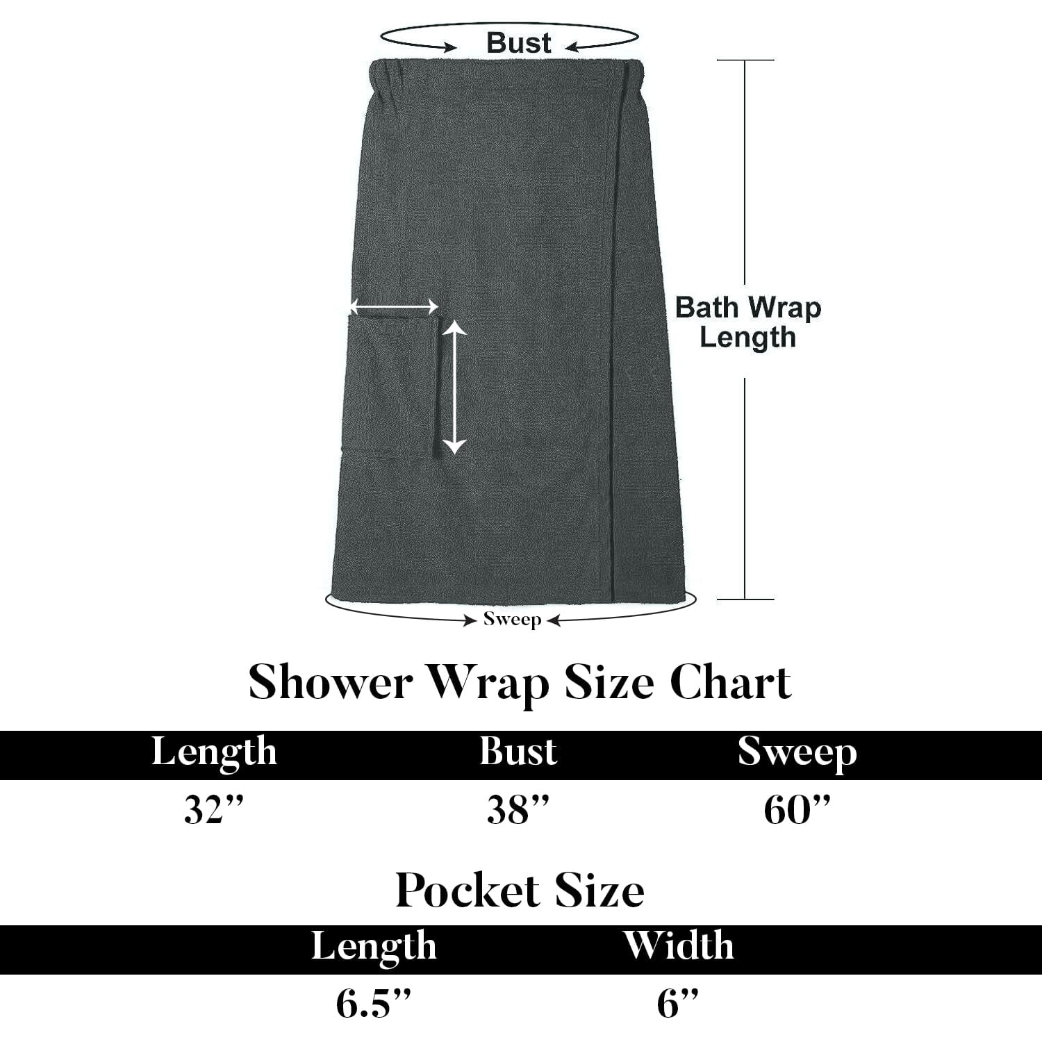 Dan River Shower Wrap With Pocket Pack of 1 Lightweight Terry Cotton Bath Towel Wrap - Gray, 32X60in