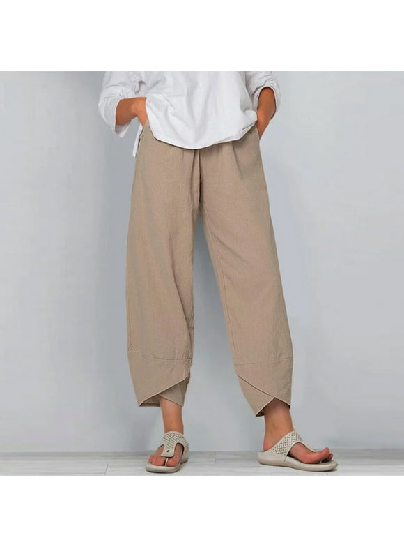 LoyisViDion Woman Pants Clearance Women Casual High Waist Pants Solid Summer Cotton Loose Long Straight Pants Khaki XXXL