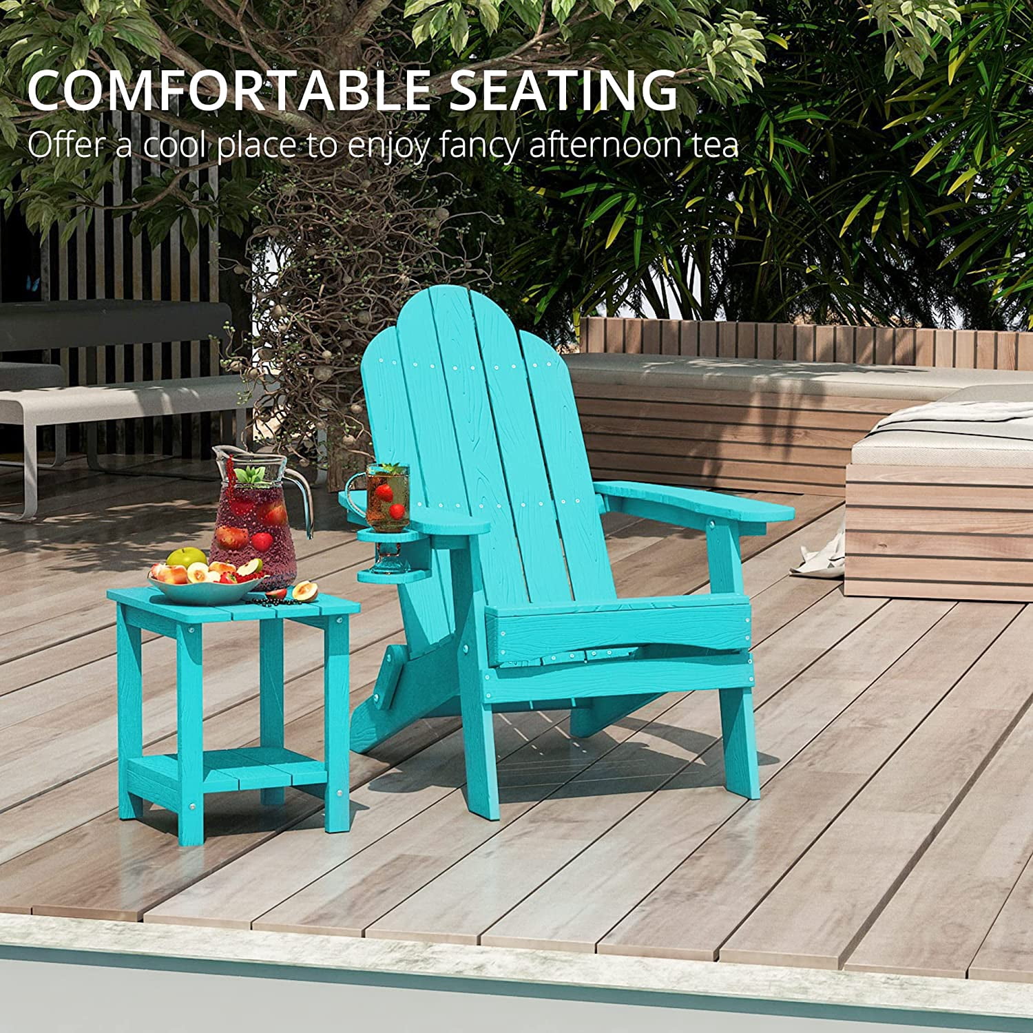 Dycanpo Folding Adirondack Chair Set of 2,Fire Pit Patio Garden Chair with Cup Holder, Aruba Blue