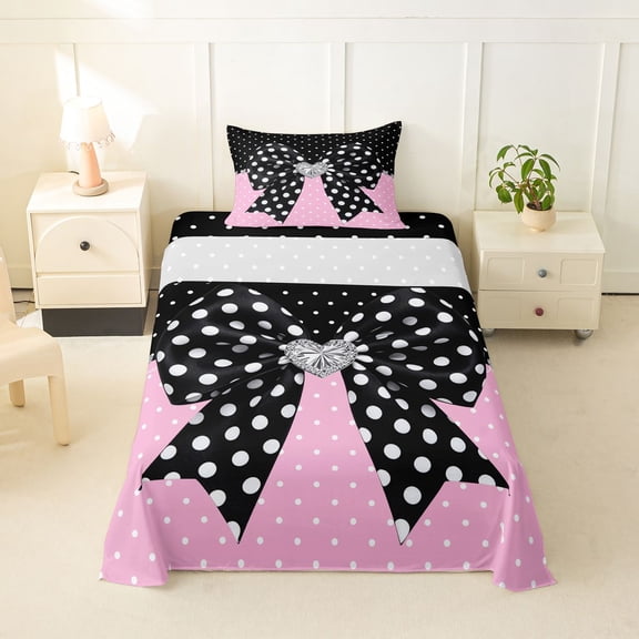 spefrowx Retro Polka Dot Bow Print Twin Sheets for Teens, Black Pink Gem Heart Bedding, 3 Pieces, 1 Flat Sheet, 1 Fitted Sheet and 1 Pillowcase