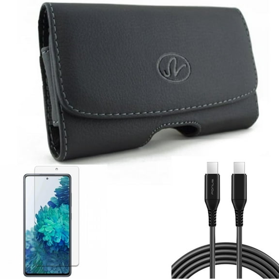 Case Belt Clip & Screen Protector & 10ft Long USB-C Cable for Samsung Galaxy S20 Fan Edition - Leather Swivel   Anti-Glare Tempered Glass   PD Fast Charger Cord Combo