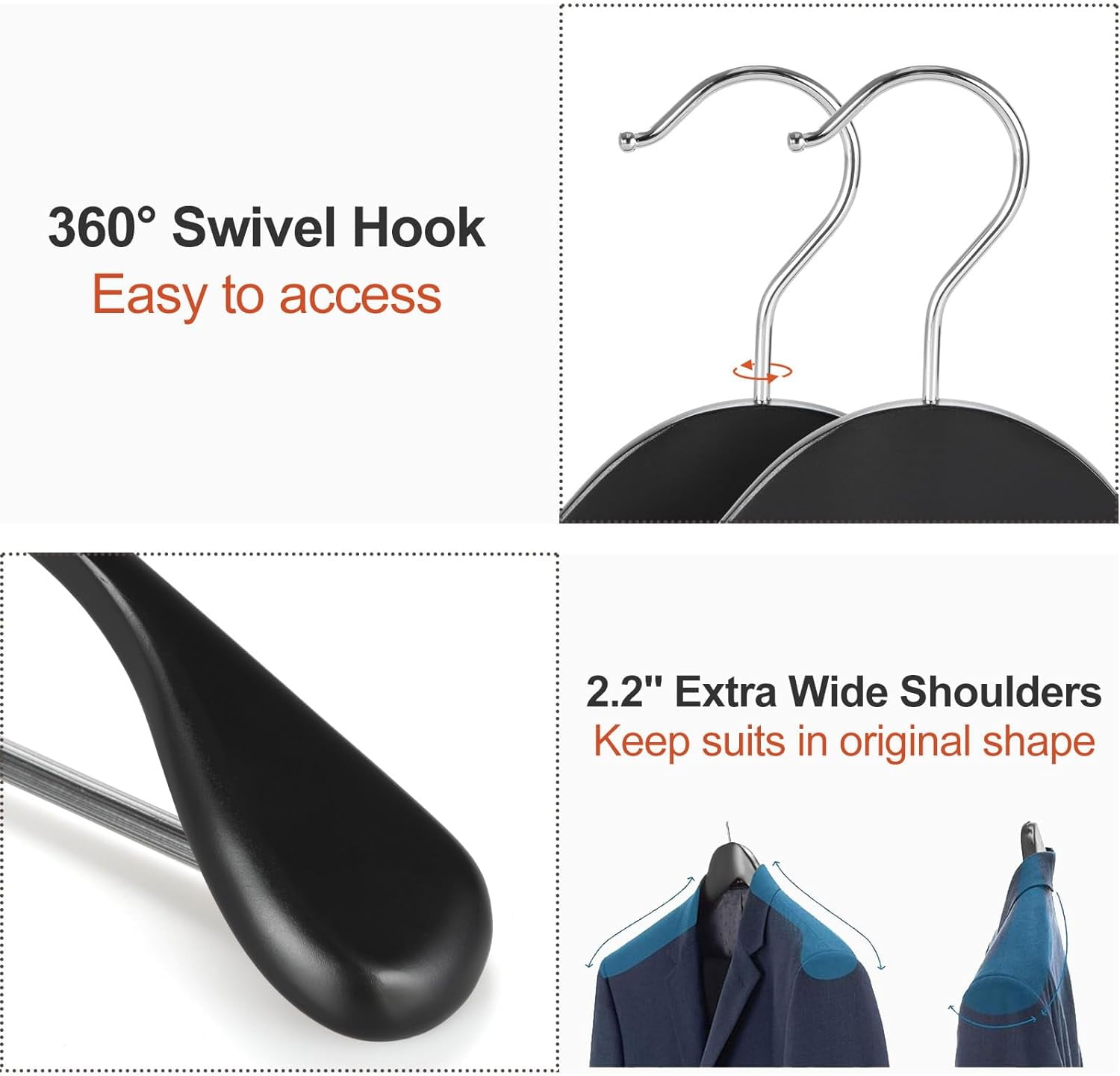 Solid Wood Wide Shoulder Suit Hangers with Non-Slip Pants Bar, 360 °   Swivel Hook, Heavy Duty Coat Hangers for Jackets, 10 Pack in Walnut
