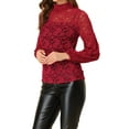 thumbnail image 5 of INSPIRE CHIC Women's Floral Lace Top Turtleneck Puff Long Sleeve See Through Sheer Blouse XL Dark Red, 5 of 6