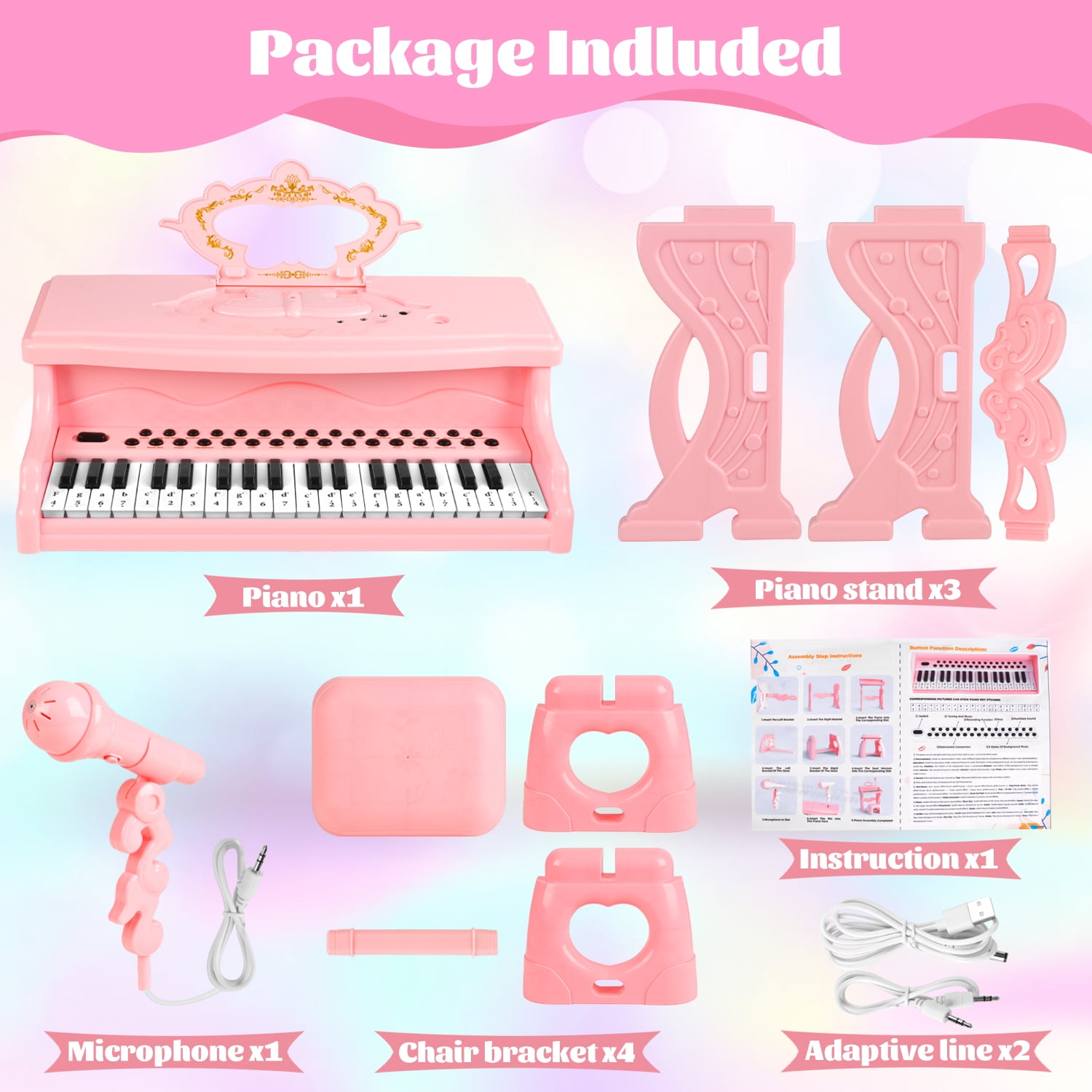 Beefunni Kids Electronic Musical Instrument Piano Learning Toy Keyboard w/Multiple Sounds, Lights, Microphone, Stool, Birthday Gift for Girls 3 4 5 6 Years Old-Pink