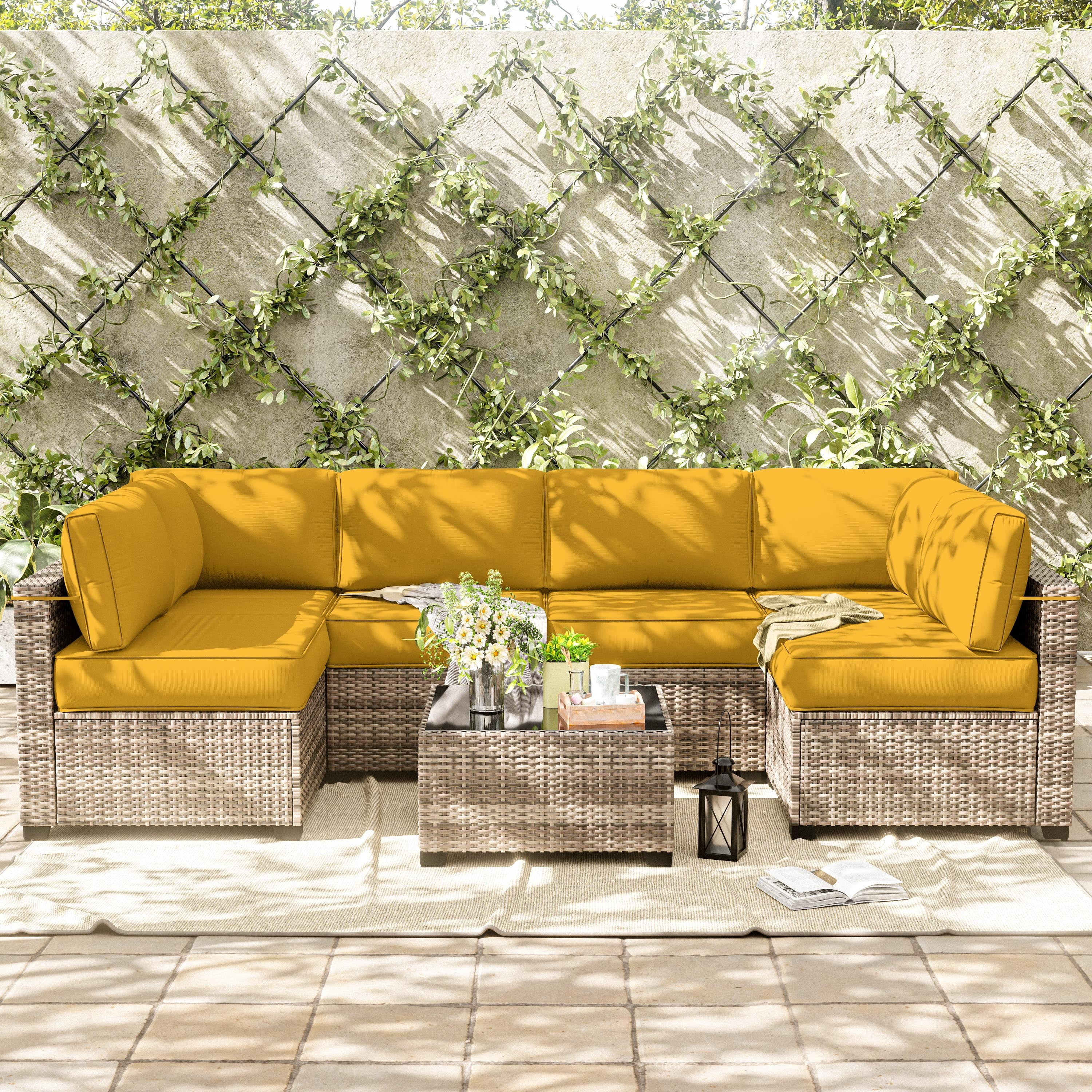 Pakunoda 14 Pieces Outdoor Replacement Cushions, 5” High-Density Foam Sectional Cushions Couch, 6 Seat Patio Conversation Sets for Rattan Wicker, Liner&Cover, Yellow
