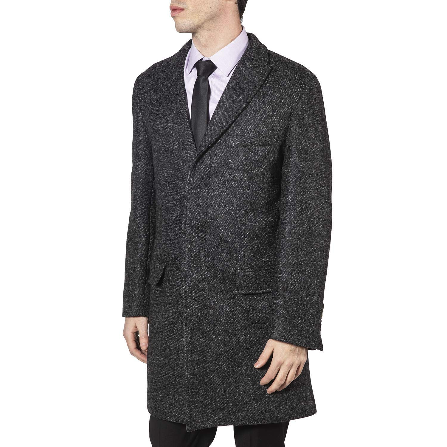 Mens Solid Navy Blue 3/4 Length Wool Blend Overcoat Top Coat With Peak Lapels 