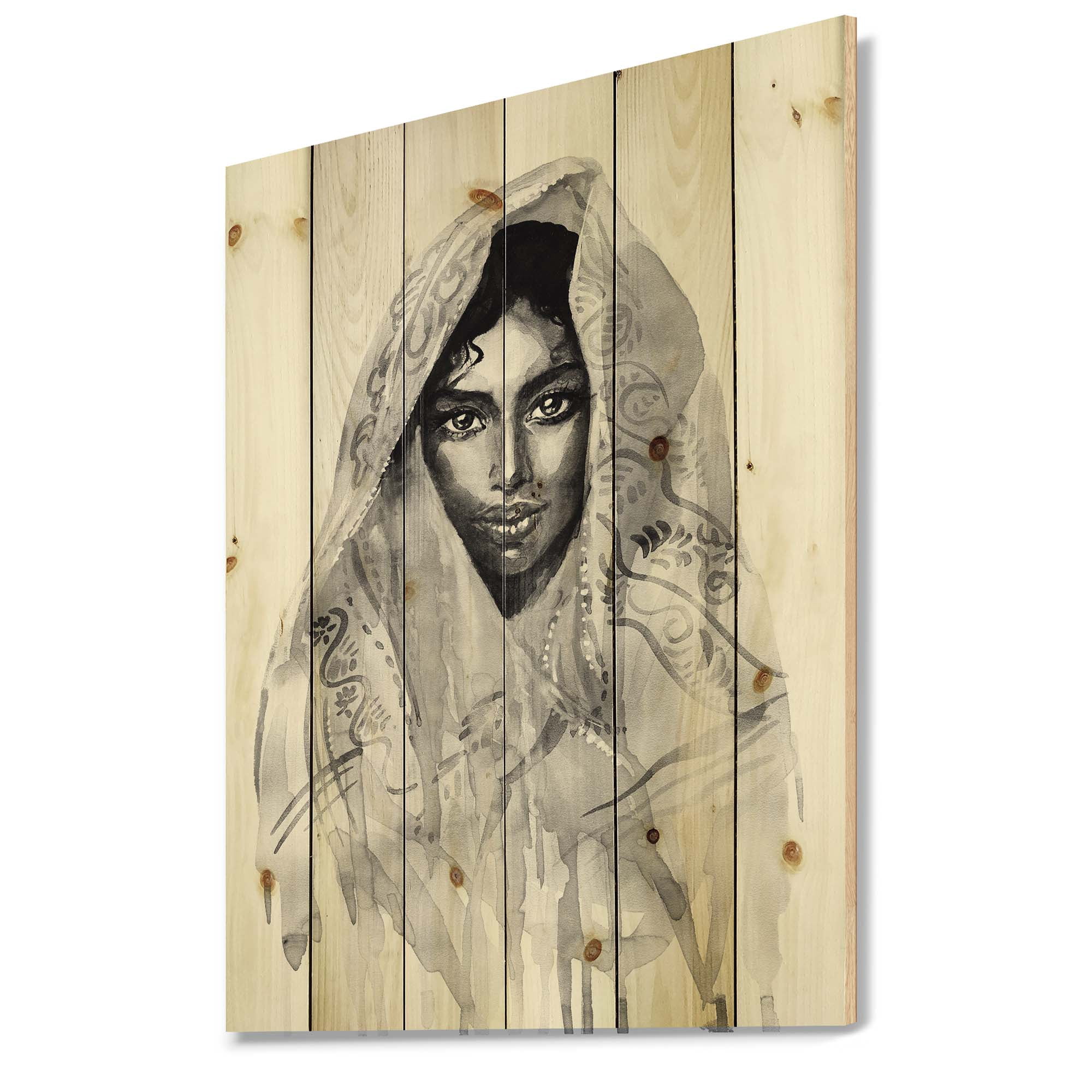 Designart 'Black and White Portrait of Young Indian Woman I' Modern Print on Natural Pine Wood