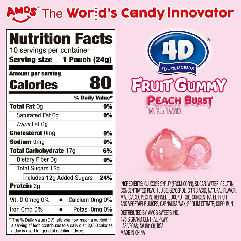 Amos 4D Gummy Peach Burst, Real Juice Filled Fruit Snacks, Gluten