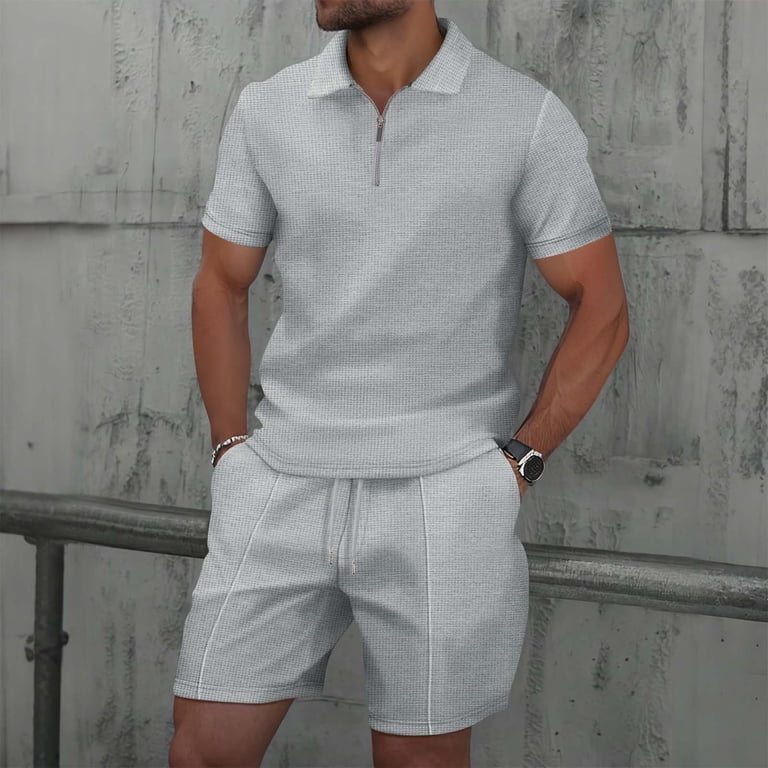 MARCHINGBAND POLO GREY SHORTS セットアップS GERsome Men's 2 Pieces Outfits Quarter Zip Short Sleeve Shirts and
