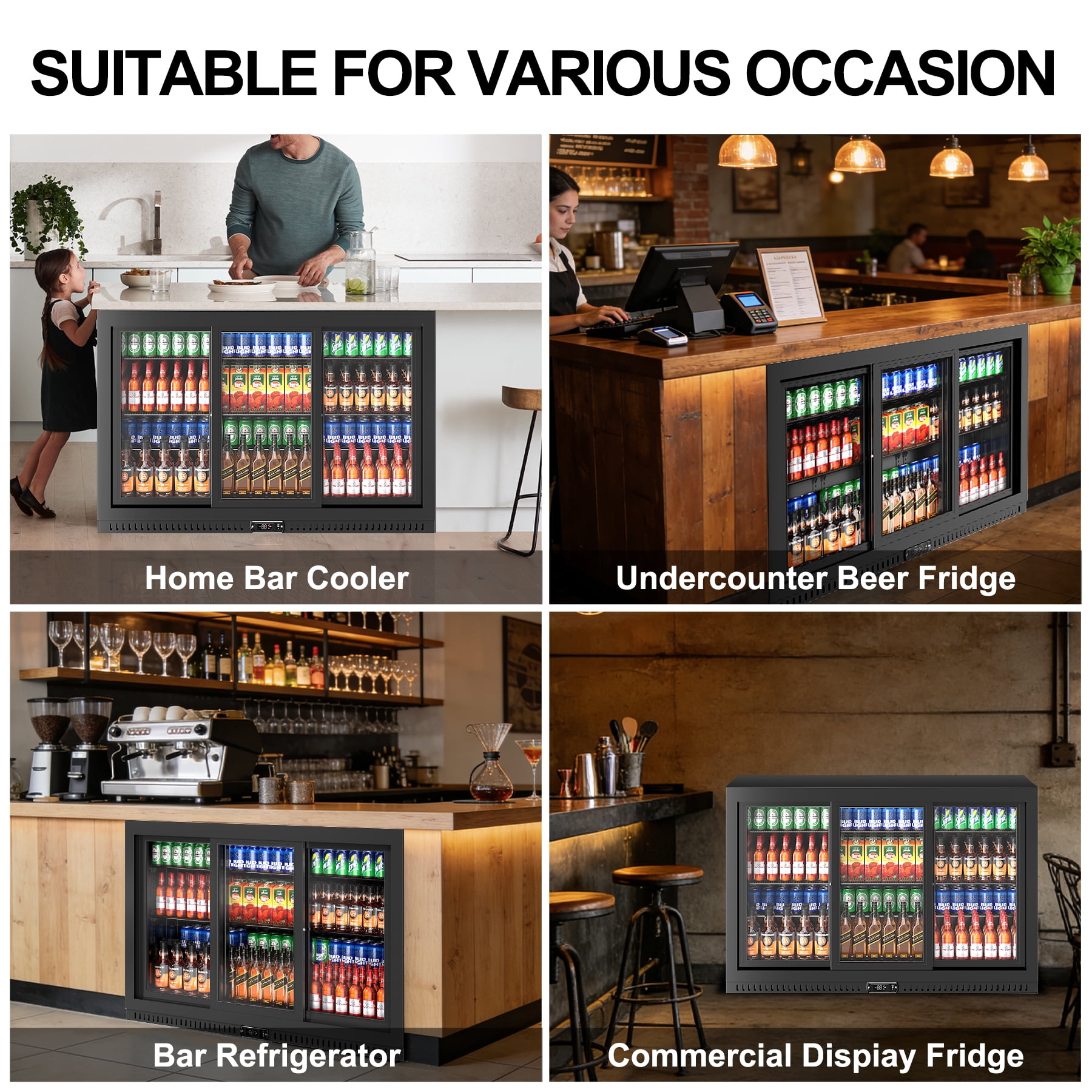 Amerikit Back Bar Cooler with 3 Glass Sliding Doors, 12.3 cu.ft Under Counter Height Beverage Refrigerator for Beer, Wine, Soda, Drinks, ETL Approved