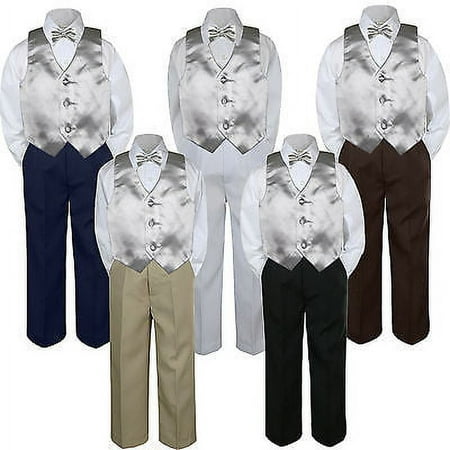 

4pc Boy Suit Set Silver Bow Tie Vest Baby Toddler Kid Pants S-7
