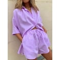 thumbnail image 4 of Linen Blend Sets for Women 2 Piece Tracksuit Button Down Shirt High Waisted Elastic Waist Shorts Set Outfits, 4 of 6