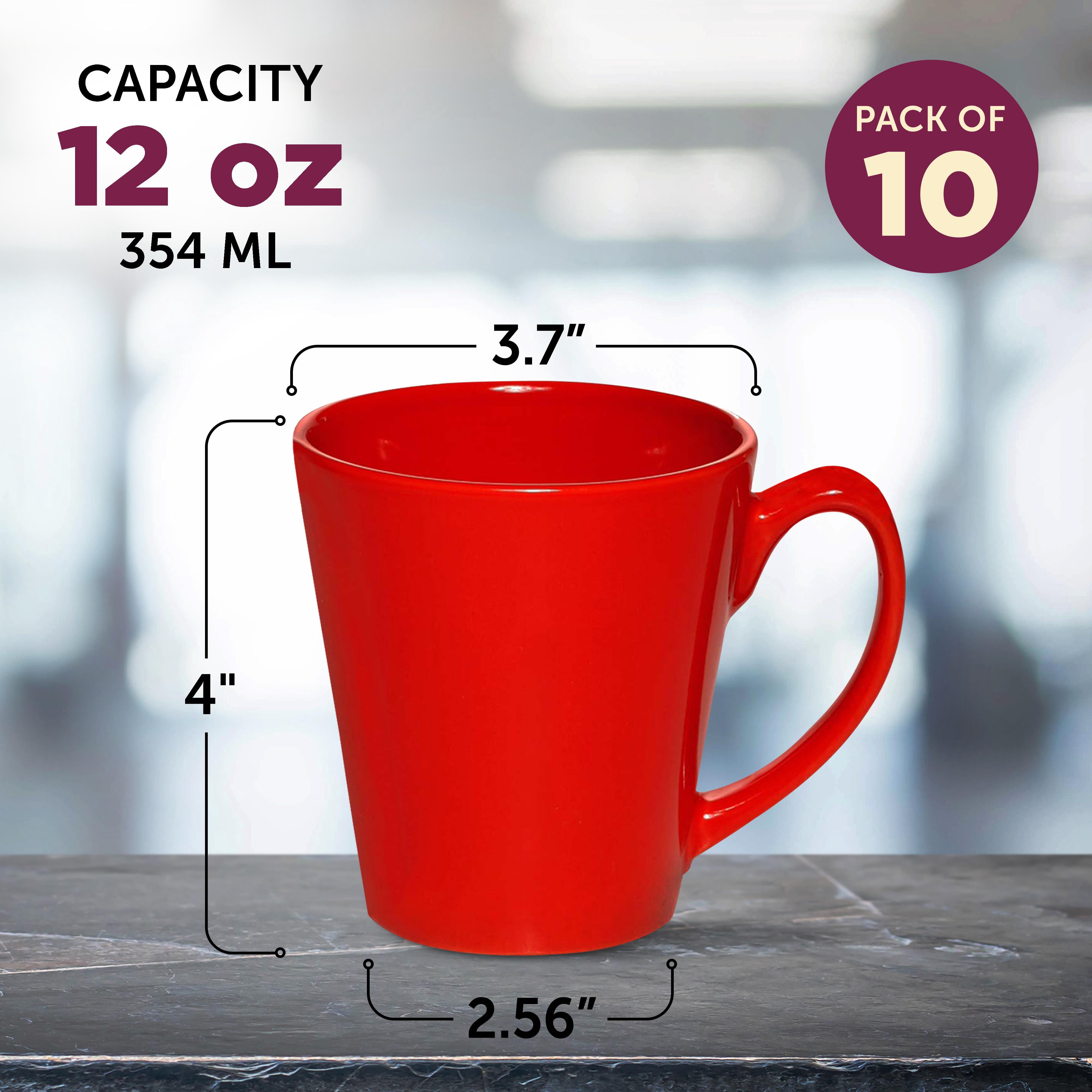 Glossy Ceramic Latte Coffee Mug 12 oz. Set of 10, Bulk Pack - Perfect for Tea, Espresso, Cappuccino, Hot Cocoa - Red