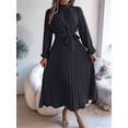 thumbnail image 3 of Women'S Long Sleeve Pleated Dress Casual Semi Formal Church Dress Mock Neck A Line Flowy Midi Dresses with Belt, 3 of 8