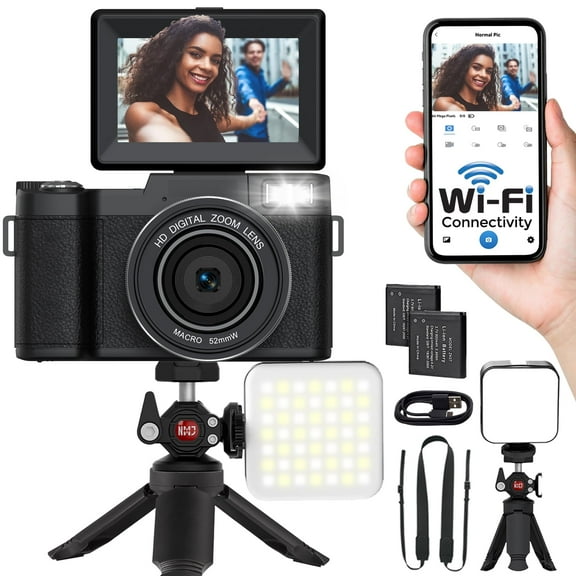 5K Vlogging Camera with WiFi 64MP 4K Digital Camera for Photography Vlog Camera with Flip Screen Video Camera for YouTube with Selfie Light, Mini Tripod, Batteries