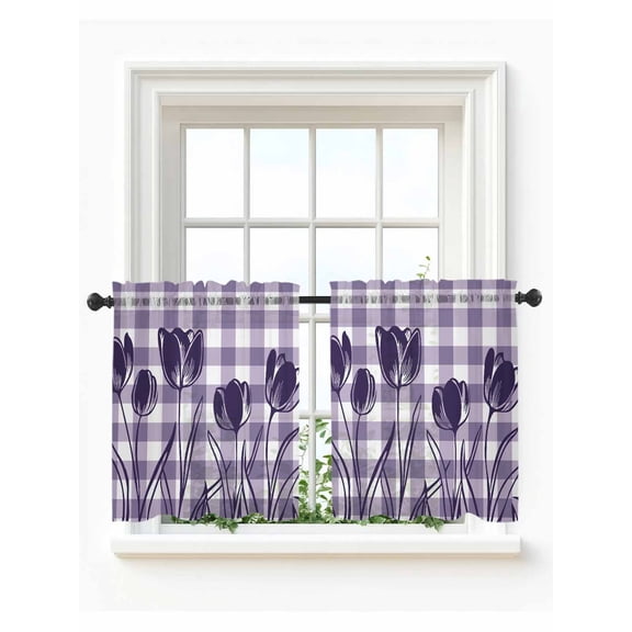 Purple Flower Tier Curtains 24 Inch Length,Sheer Curtains for Bedroom Living Room,Tulip Floral Country Plaid Checkered Rod Pocket Voile Drapes Kitchen Curtains Small Half Window 27.5"x24" 2 Panels