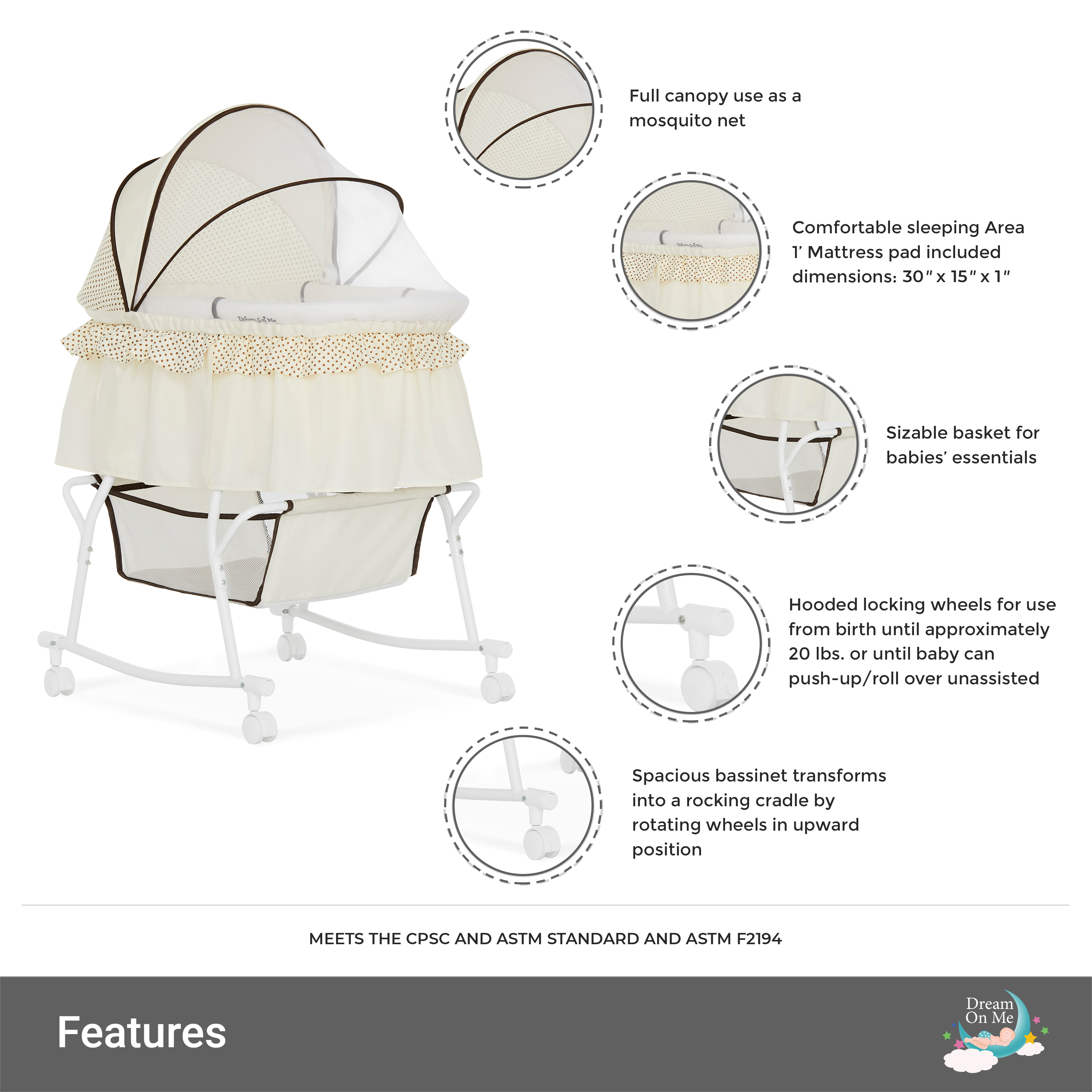 Dream On Me Lacy Portable 2-in-1 Bassinet & Cradle in Cream, Lightweight Baby Bassinet - image 2 of 27