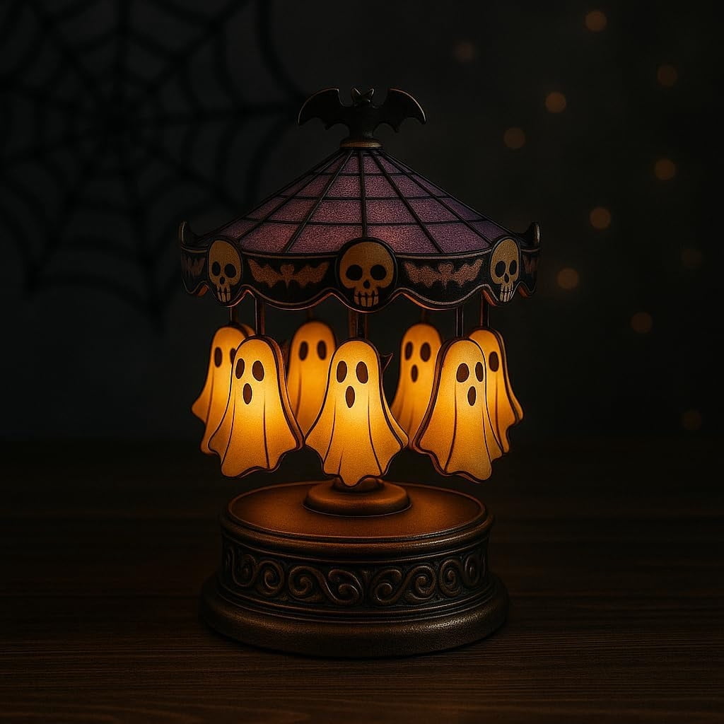 Ghost Carousel Light, Halloween Desk Lamp Stained Glass Circus Tent Night Light, Halloween Light Up Ghost Night Light Decorations Indoor, with Ghosts Bats Skeletons Vintage Carved Base
